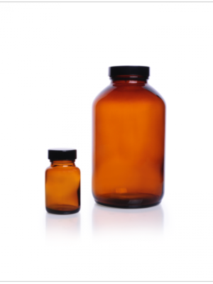 Botellas ámbar boca ancha KIMBLE® 250 mL con tapa PTFE
